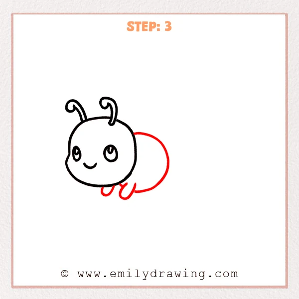 how to draw a cartoon caterpillar - A cartoon caterpillar now has a large oval body added behind the head and two small U-shaped legs underneath, showing early body construction.